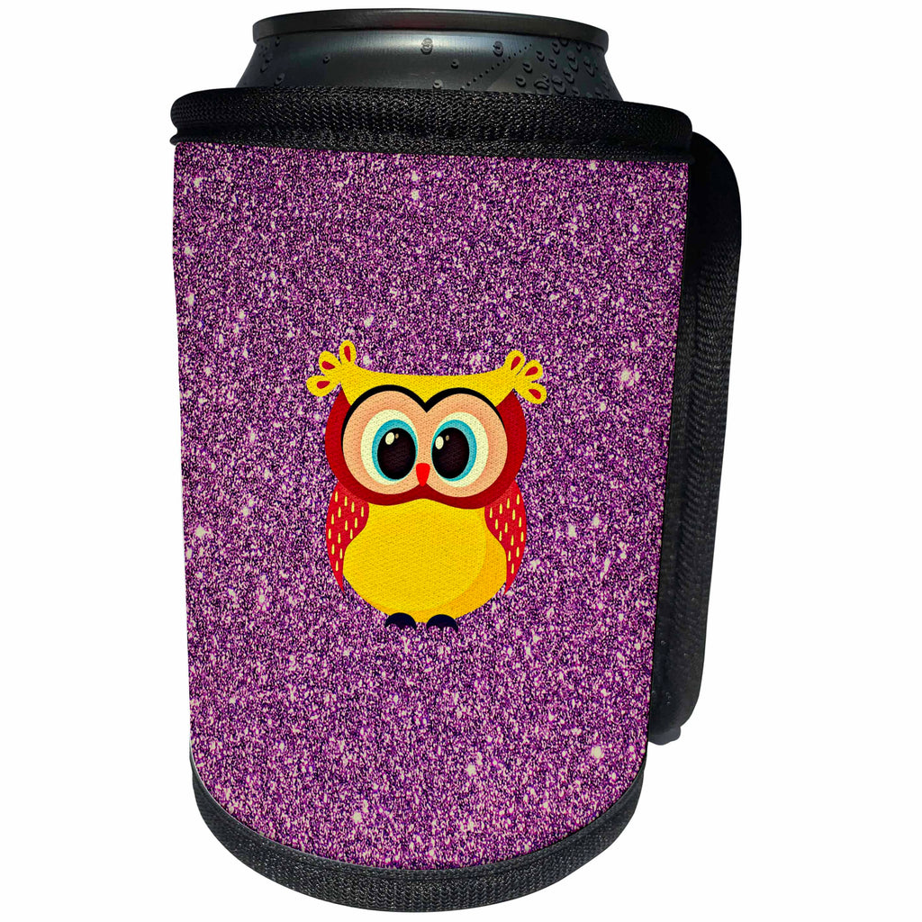 3dRose Sven Herkenrath Glitter - Modern Owl with Purple Glitter Background - Can Cooler Bottle Wrap (cc_238314)