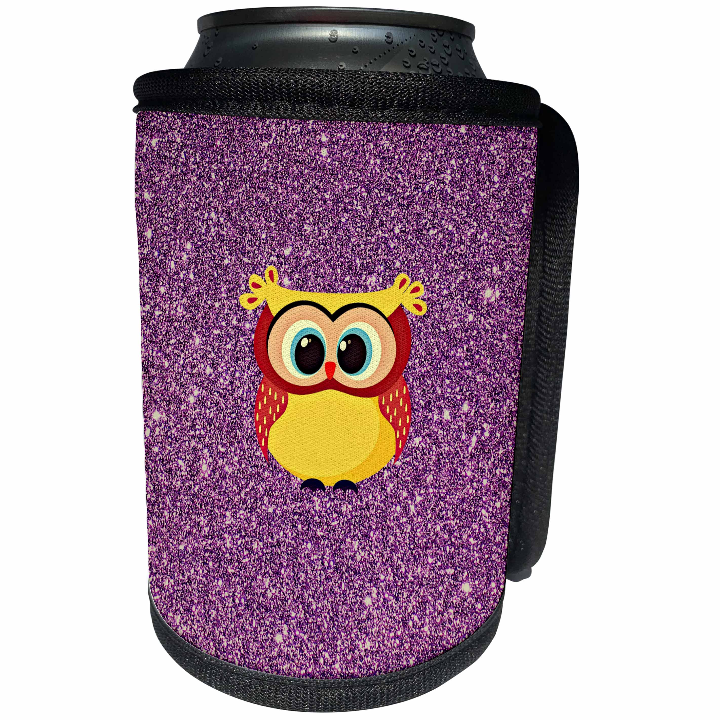 3dRose Sven Herkenrath Glitter - Modern Owl with Purple Glitter Background - Can Cooler Bottle Wrap (cc_238314)