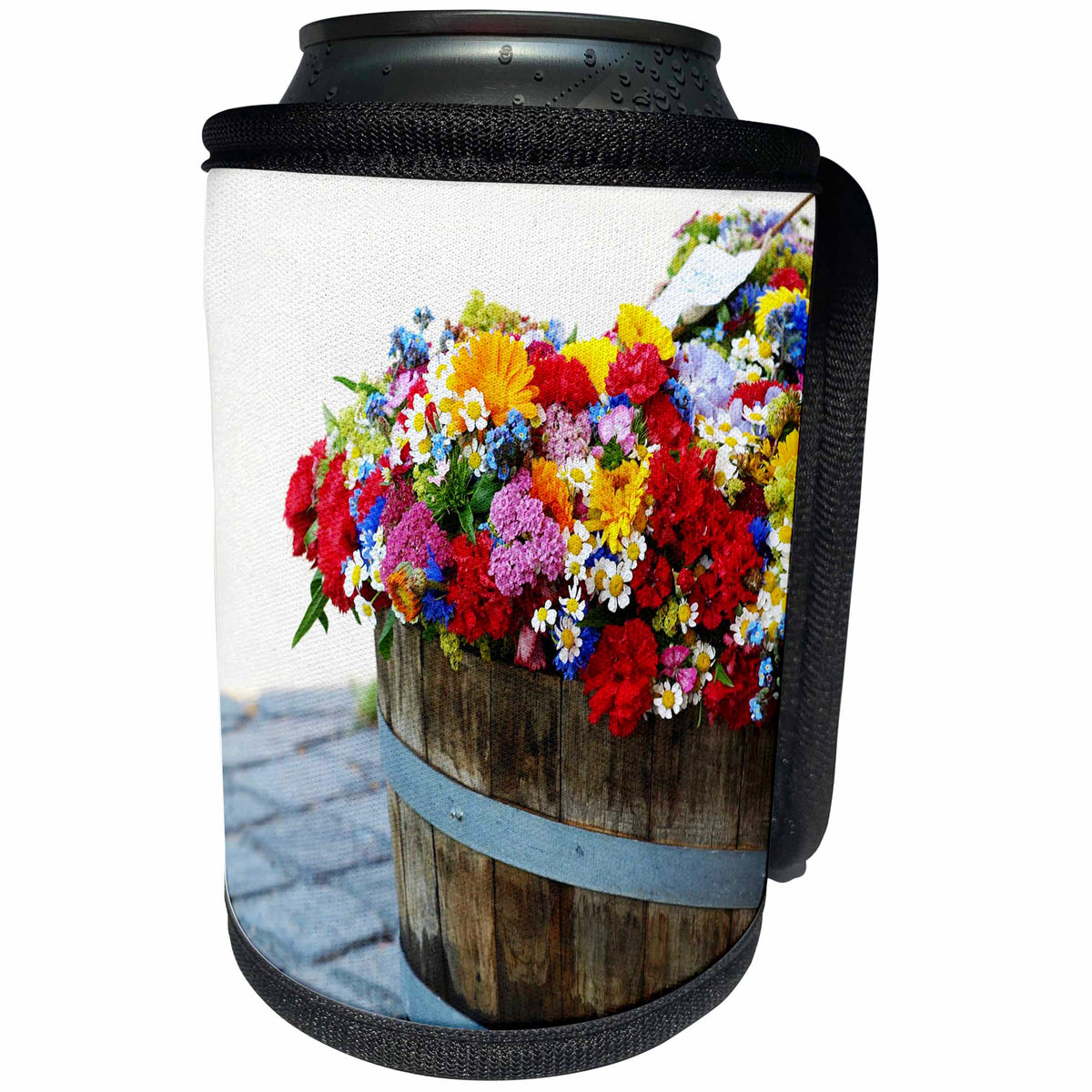 3dRose RinaPiro - Farmers Market - Barrel with flowers. European market. - Can Cooler Bottle Wrap (cc_238358)