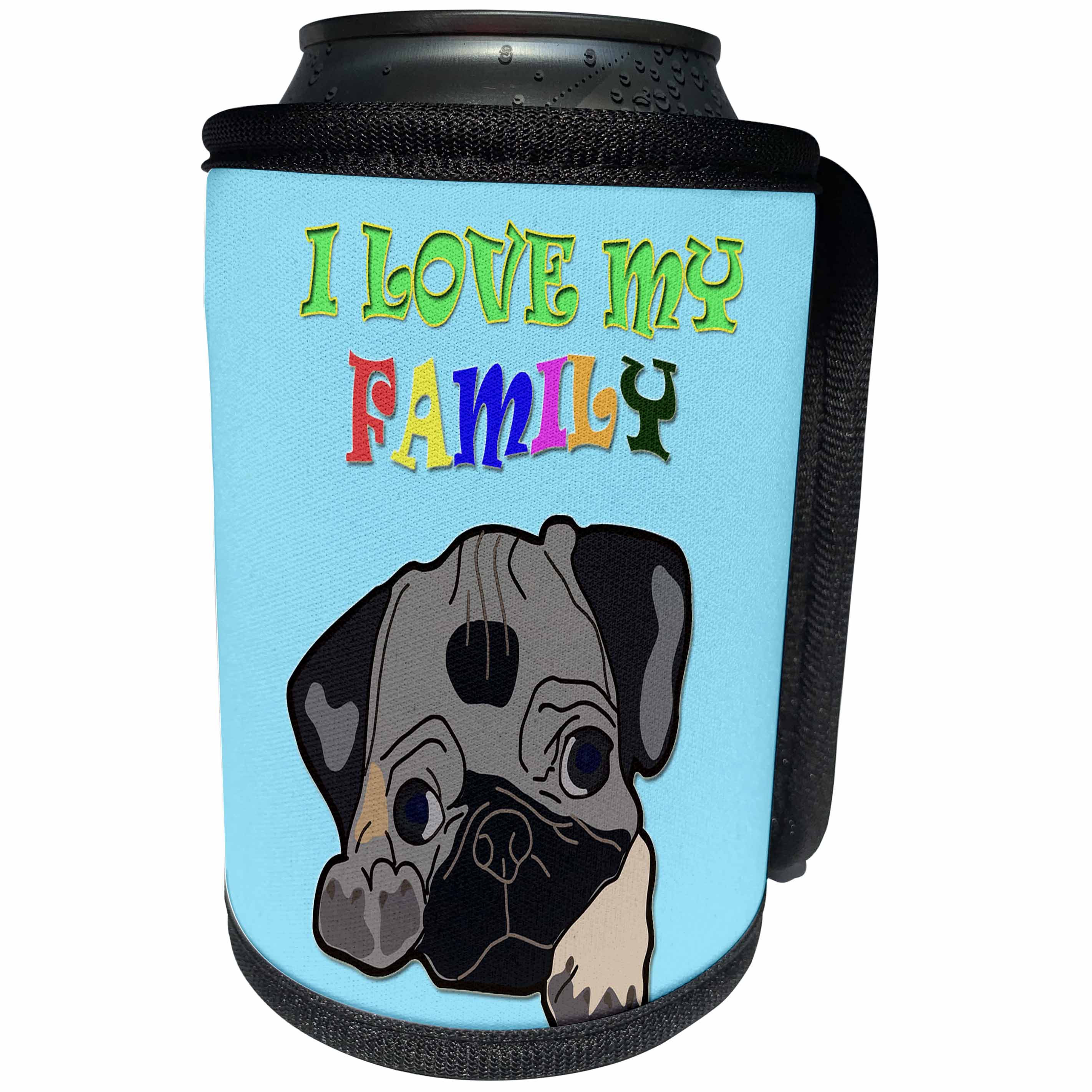 3dRose RinaPiro - Kids - I love my family. Doggy. Puppy. Family quotes. Blue. - Can Cooler Bottle Wrap (cc_238366)