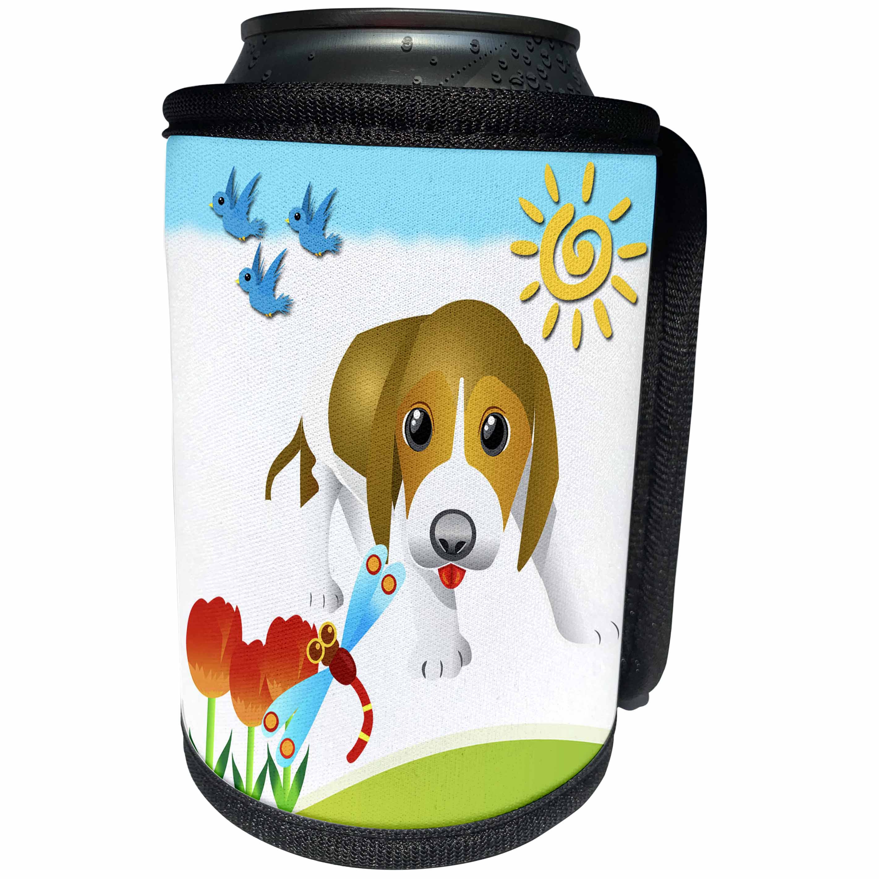 3dRose RinaPiro - Kids - Funny puppy. Birds. Sun. Flowers. Happy. - Can Cooler Bottle Wrap (cc_238372)