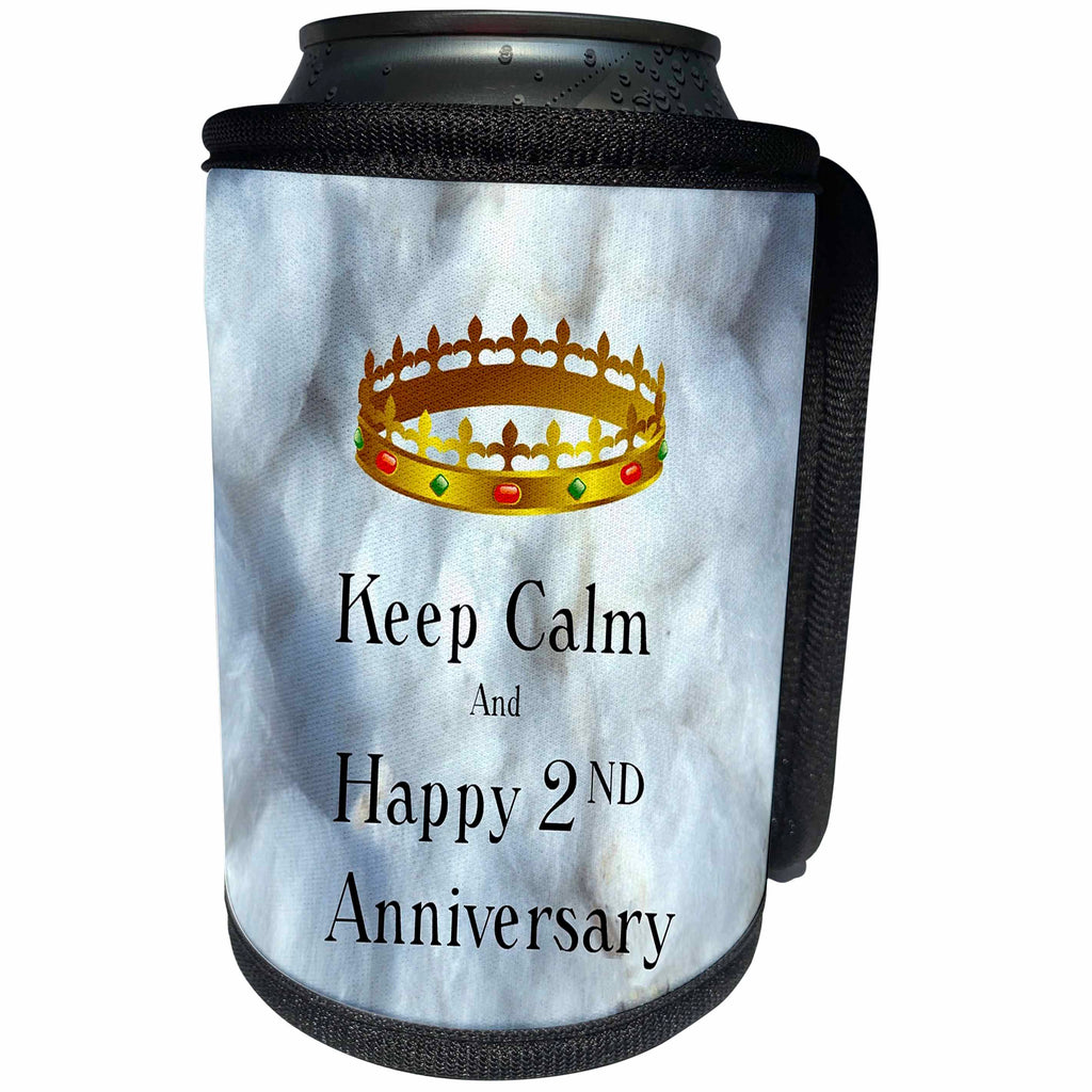 3dRose Florene Keep Calm Anniversaries - Image of Keep Calm And Happy 2nd Anniversary With Crown - Can Cooler Bottle Wrap (cc_238663)
