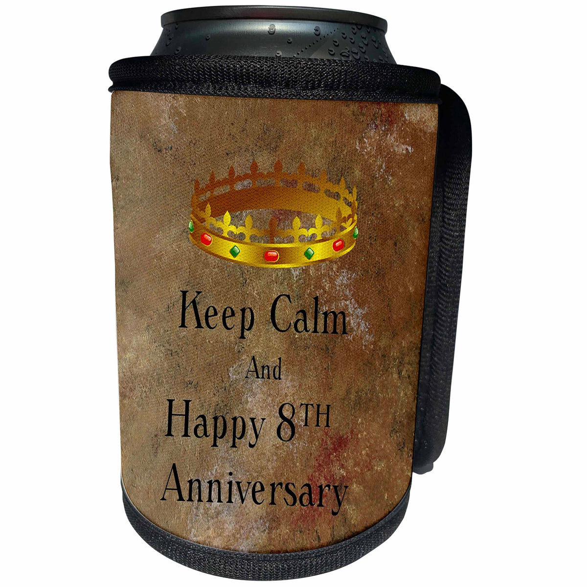 3dRose Florene Keep Calm Anniversaries - Image of Keep Calm And Happy 8th Anniversary With Crown - Can Cooler Bottle Wrap (cc_238665)
