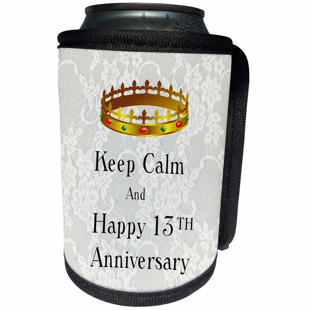 3dRose Florene Keep Calm Anniversaries - Image of Keep Calm And Happy 13th Anniversary With Crown - Can Cooler Bottle Wrap (cc_238669)
