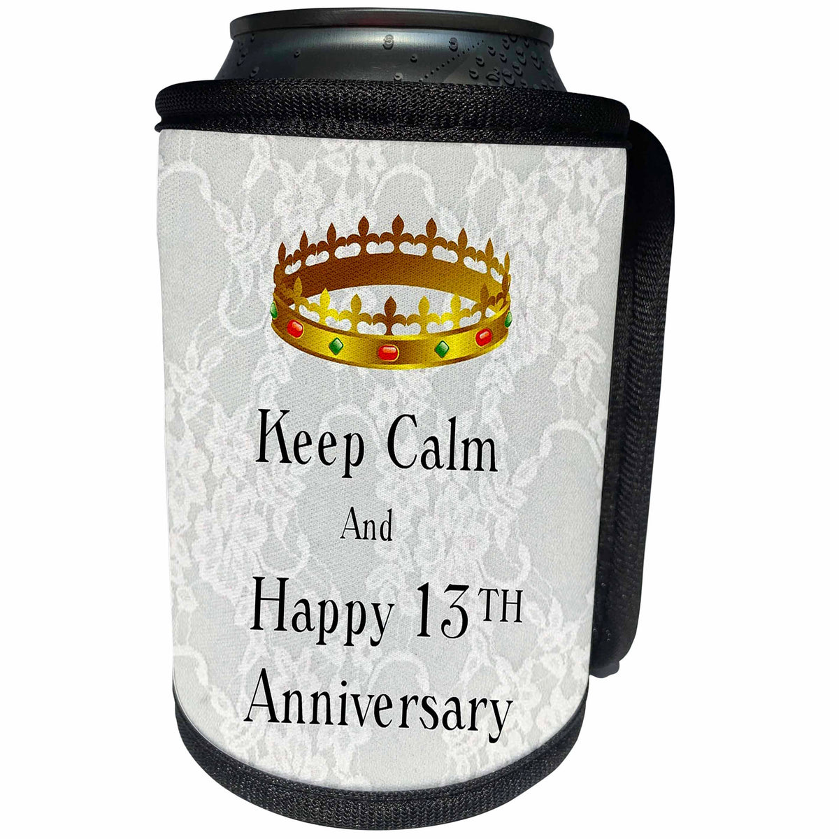 3dRose Florene Keep Calm Anniversaries - Image of Keep Calm And Happy 13th Anniversary With Crown - Can Cooler Bottle Wrap (cc_238669)