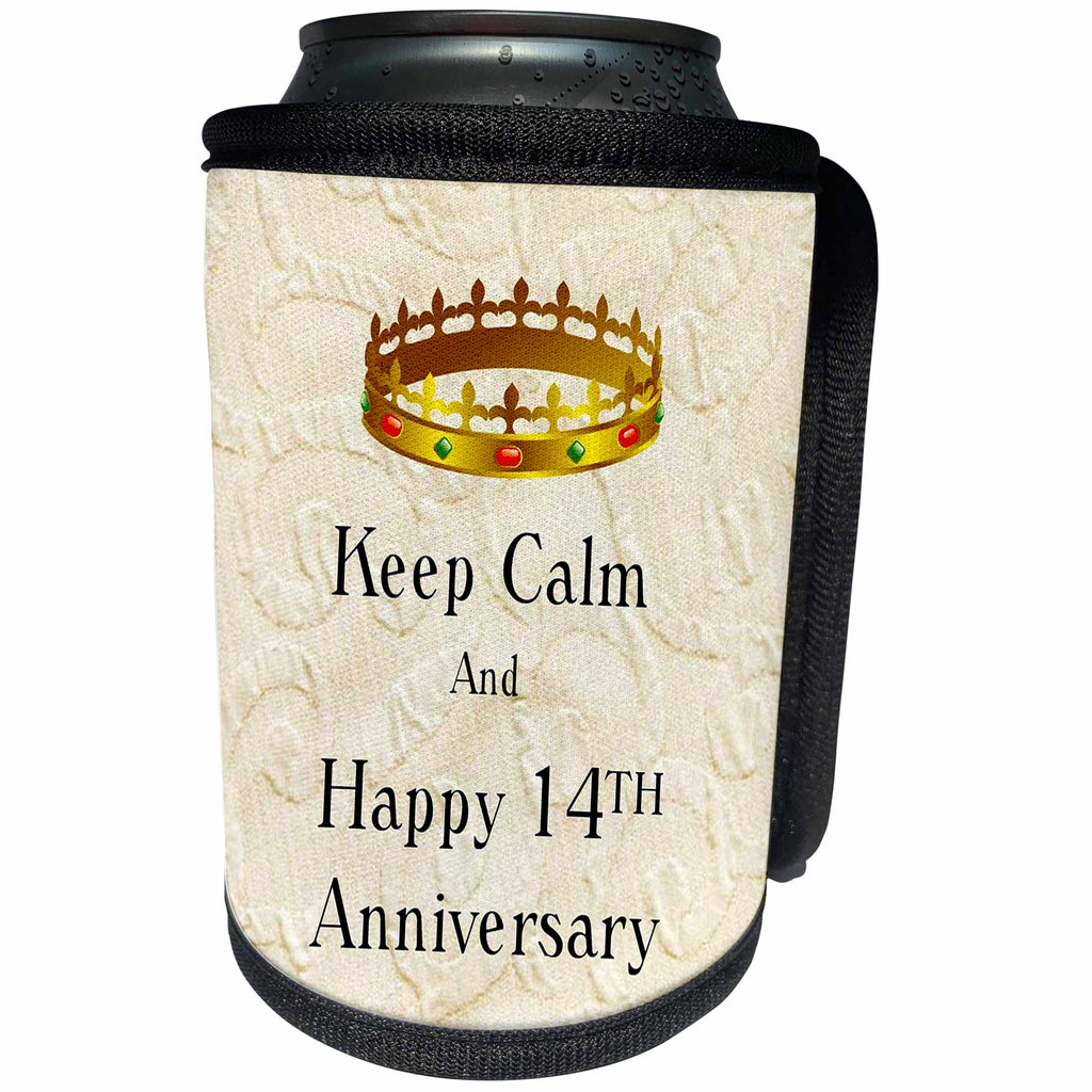 3dRose Florene Keep Calm Anniversaries - Image of Keep Calm And Happy 14th Anniversary With Crown - Can Cooler Bottle Wrap (cc_238670)