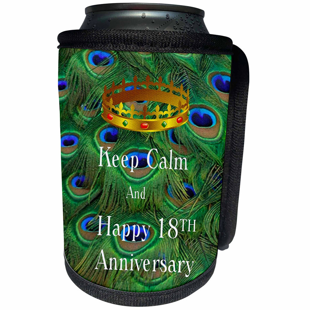 3dRose Florene Keep Calm Anniversaries - Image of Keep Calm And Happy 18th Anniversary With Crown - Can Cooler Bottle Wrap (cc_238673)