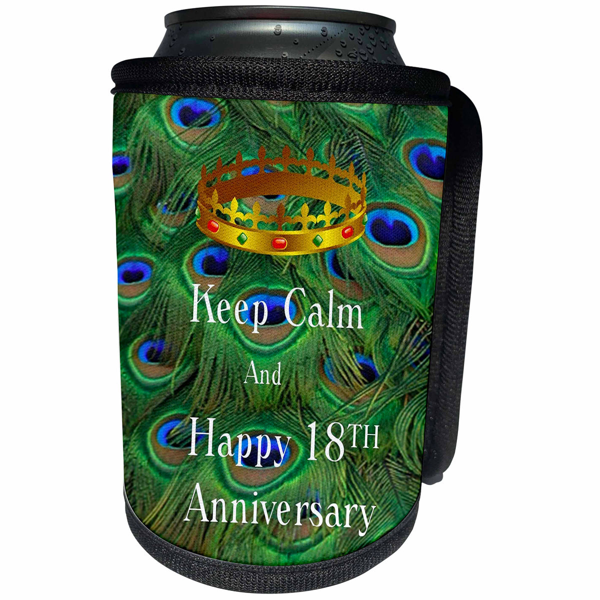 3dRose Florene Keep Calm Anniversaries - Image of Keep Calm And Happy 18th Anniversary With Crown - Can Cooler Bottle Wrap (cc_238673)