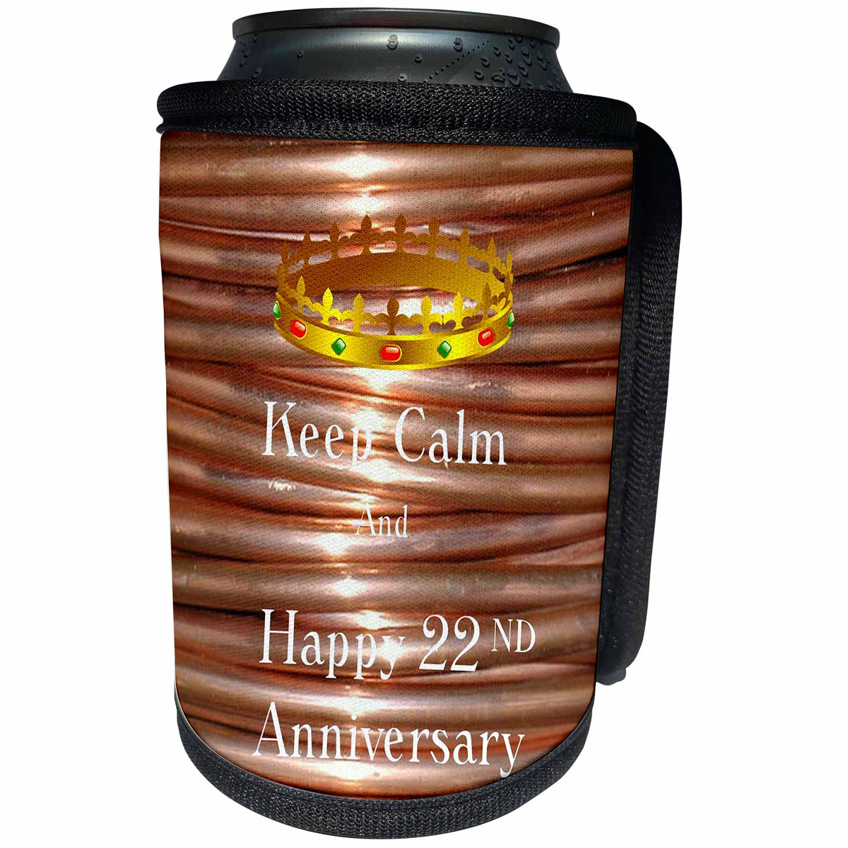 3dRose Florene Keep Calm Anniversaries - Image of Keep Calm And Happy 22nd Anniversary With Crown - Can Cooler Bottle Wrap (cc_238676)