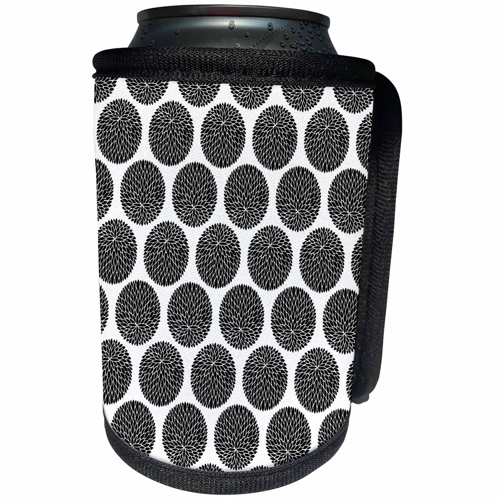 3dRose Russ Billington Patterns - Black Circular Leaf Pattern on White Background - Can Cooler Bottle Wrap (cc_238699)