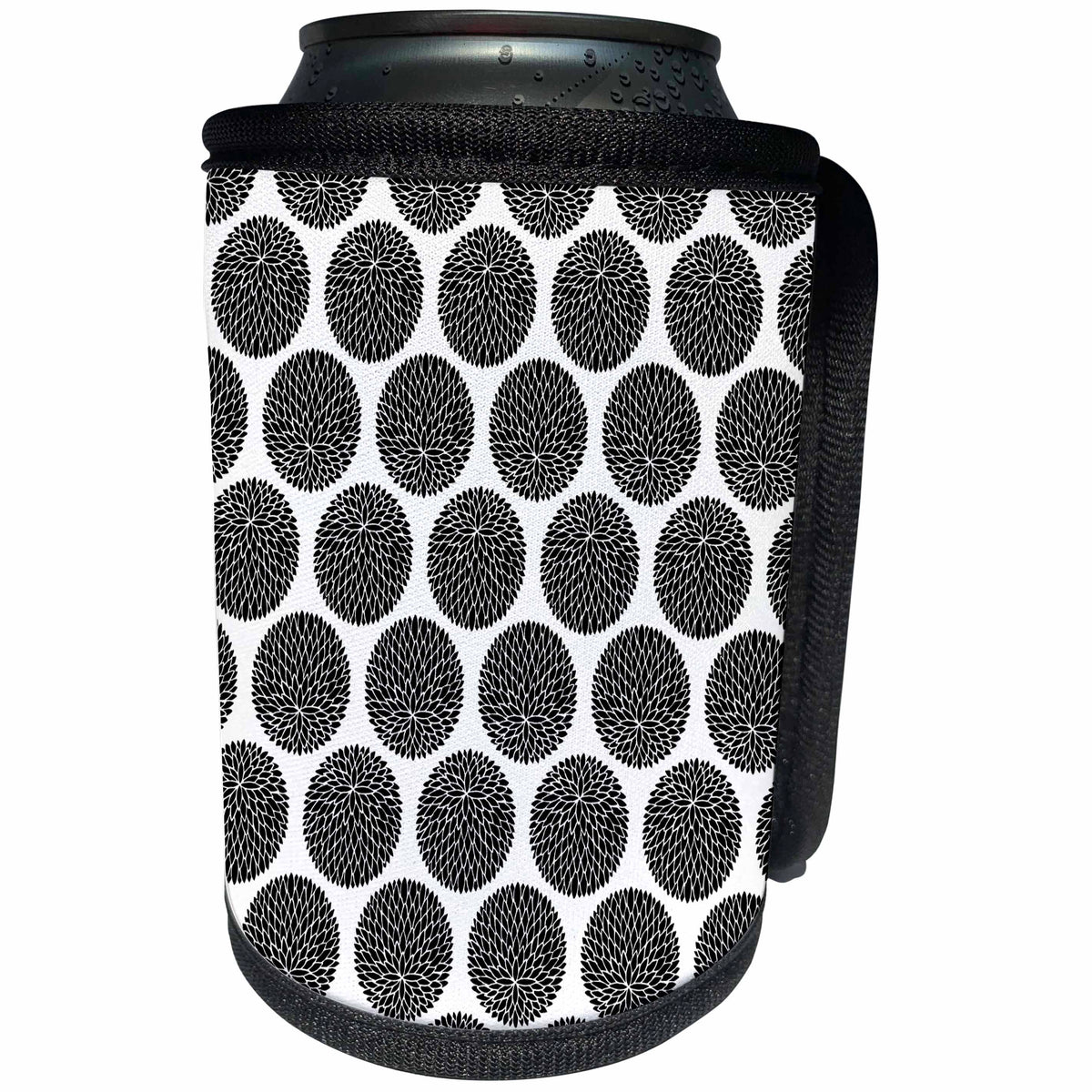 3dRose Russ Billington Patterns - Black Circular Leaf Pattern on White Background - Can Cooler Bottle Wrap (cc_238699)