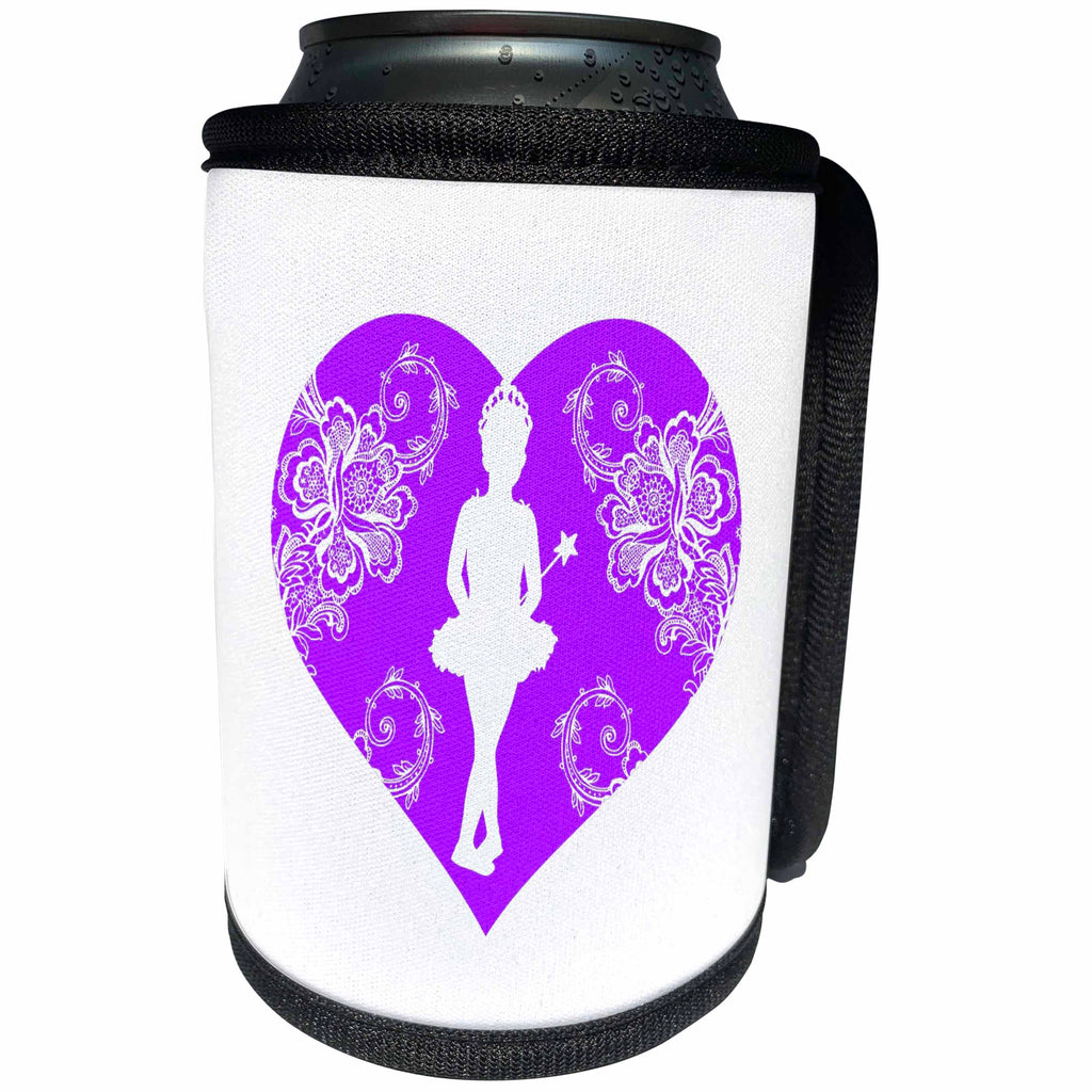 3dRose Russ Billington Designs - Purple and White Heart with Ballet Dancer Detail - Can Cooler Bottle Wrap (cc_238708)