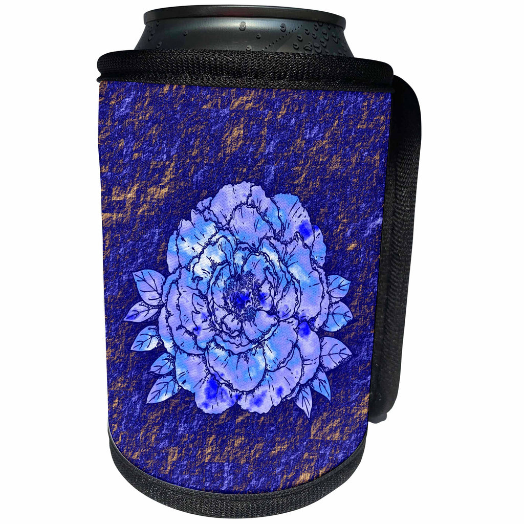 3dRose Russ Billington Designs - Blue Watercolor Rose over Blue Gold Granite Effect Background - Can Cooler Bottle Wrap (cc_238717)