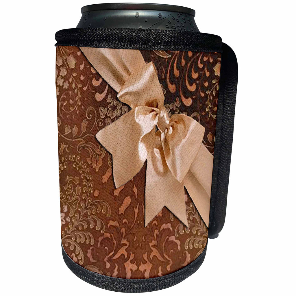 3dRose Beverly Turner Satin Ribbon Design - Beige Bow on Sepia Design - Can Cooler Bottle Wrap (cc_23875)