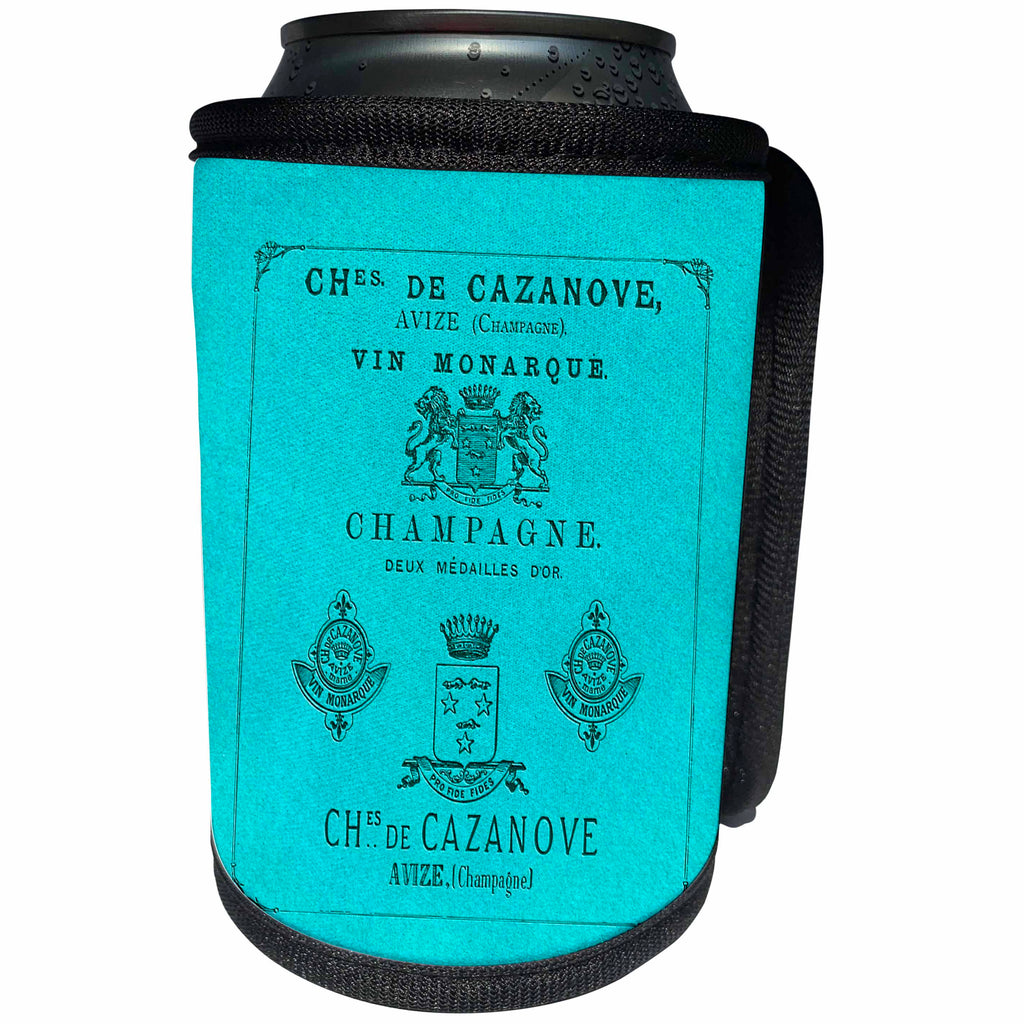 3dRose Russ Billington Designs - Old Champagne Label in Blue - Can Cooler Bottle Wrap (cc_238751)
