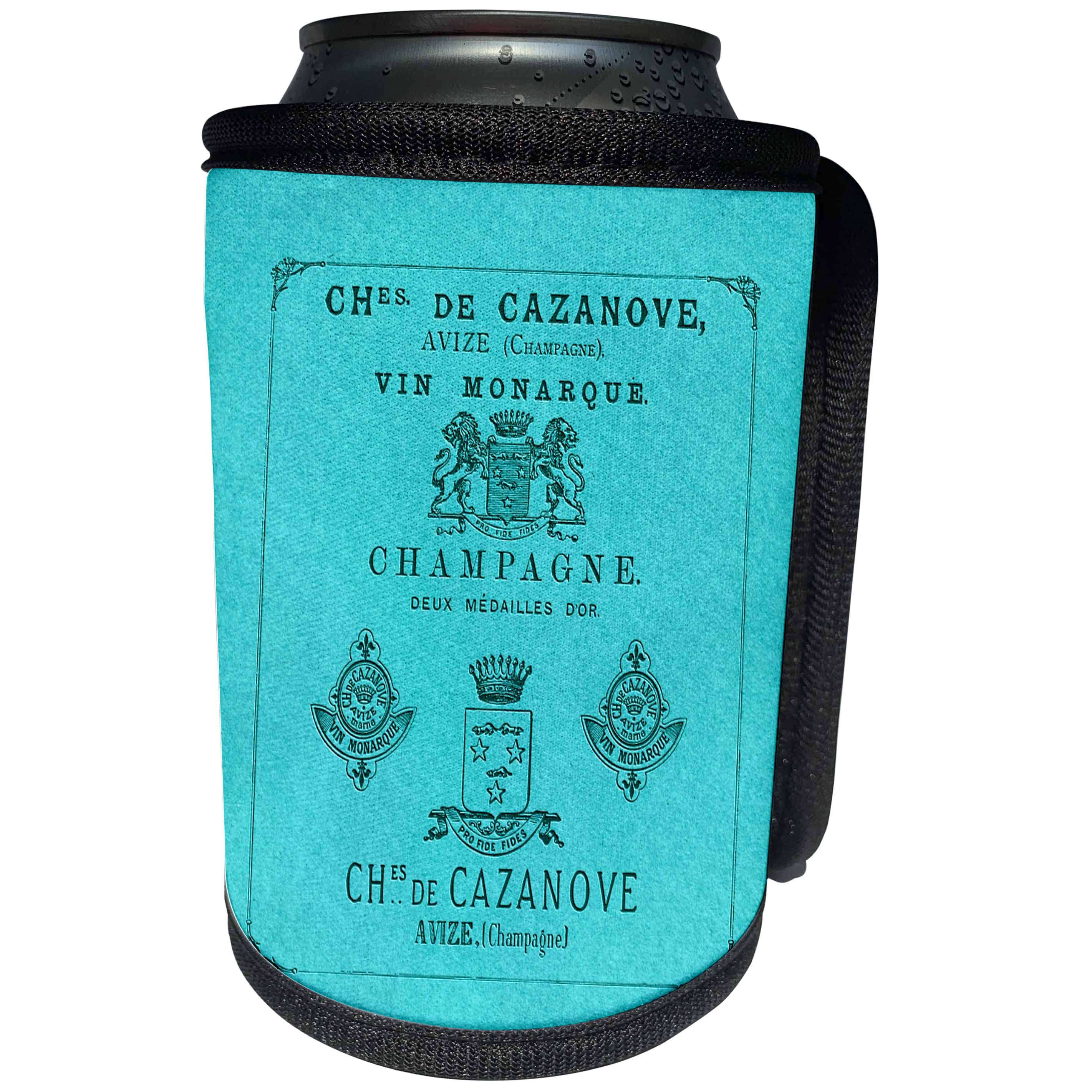 3dRose Russ Billington Designs - Old Champagne Label in Blue - Can Cooler Bottle Wrap (cc_238751)