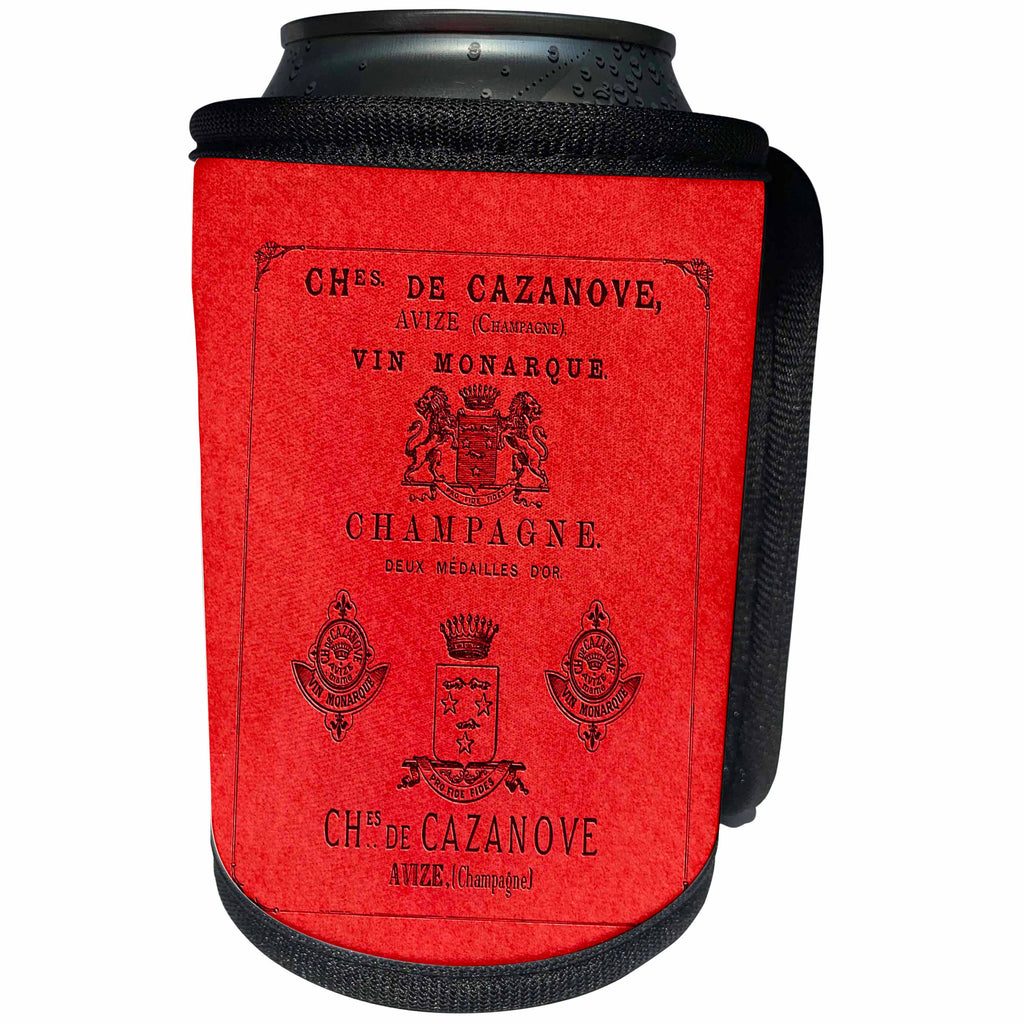 3dRose Russ Billington Designs - Cazanove Vintage Champagne Label in Red - Can Cooler Bottle Wrap (cc_238752)