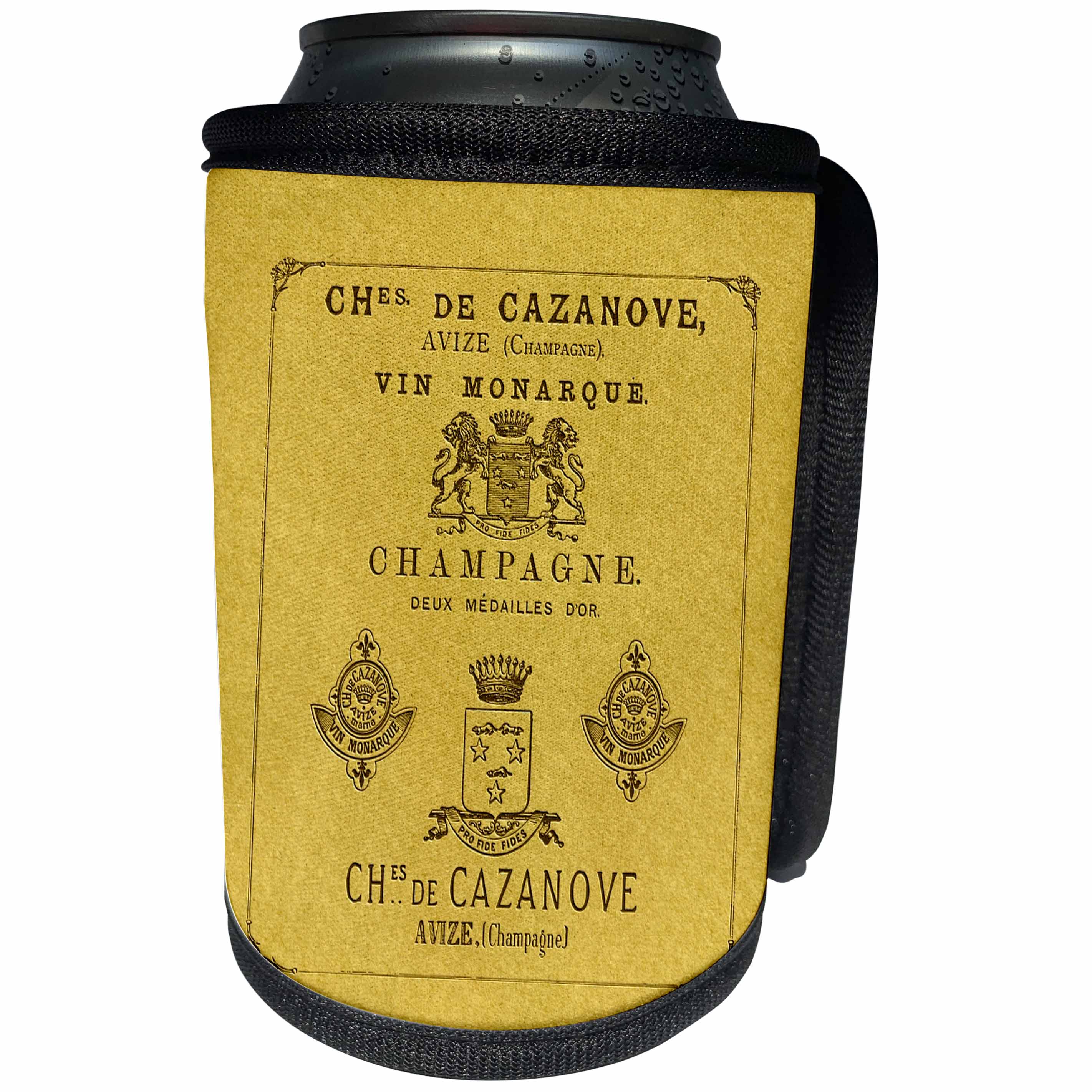 3dRose Russ Billington Designs - Stylish Old French Champagne Label - Can Cooler Bottle Wrap (cc_238753)