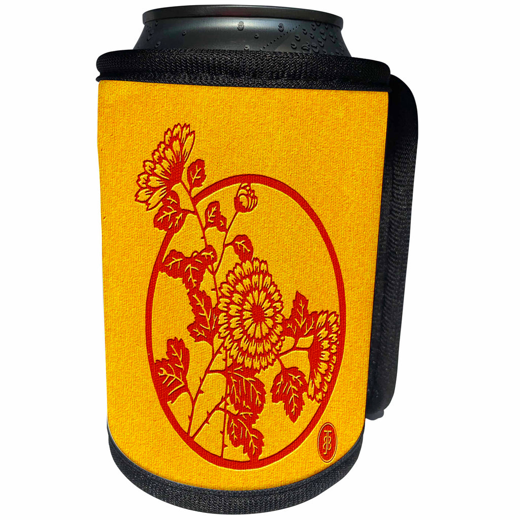 3dRose Russ Billington- Beautiful China Series - Circular Floral Motif in Red and Yellow - Can Cooler Bottle Wrap (cc_238761)