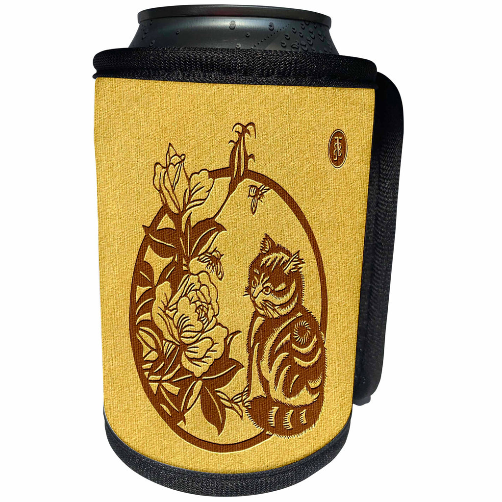 3dRose Russ Billington- Beautiful China Series - Adorable Cat with Roses and Honey Bee Circular Design - Can Cooler Bottle Wrap (cc_238767)