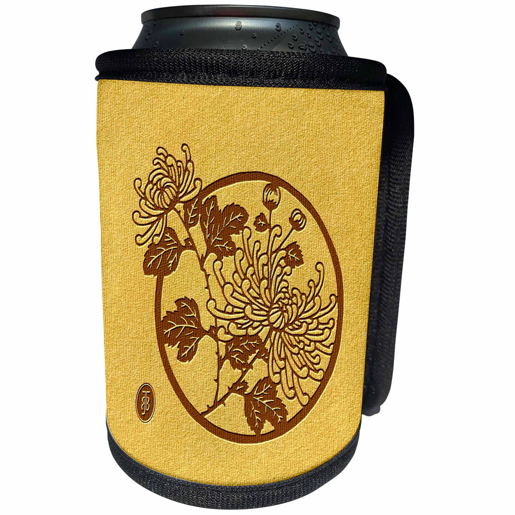 3dRose Russ Billington- Beautiful China Series - Chinese Chrysanthemum Circular Design in Brown - Can Cooler Bottle Wrap (cc_238768)