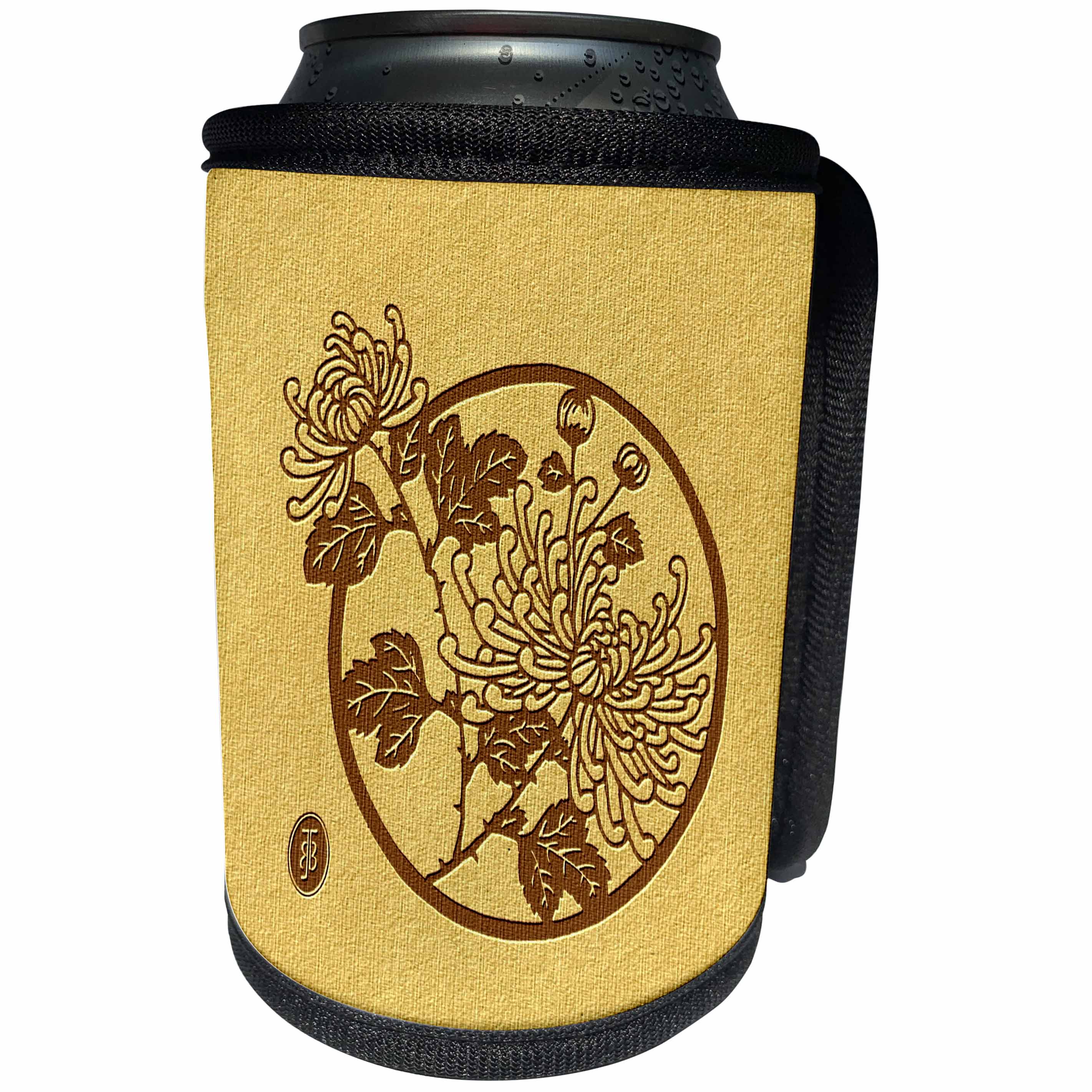 3dRose Russ Billington- Beautiful China Series - Chinese Chrysanthemum Circular Design in Brown - Can Cooler Bottle Wrap (cc_238768)