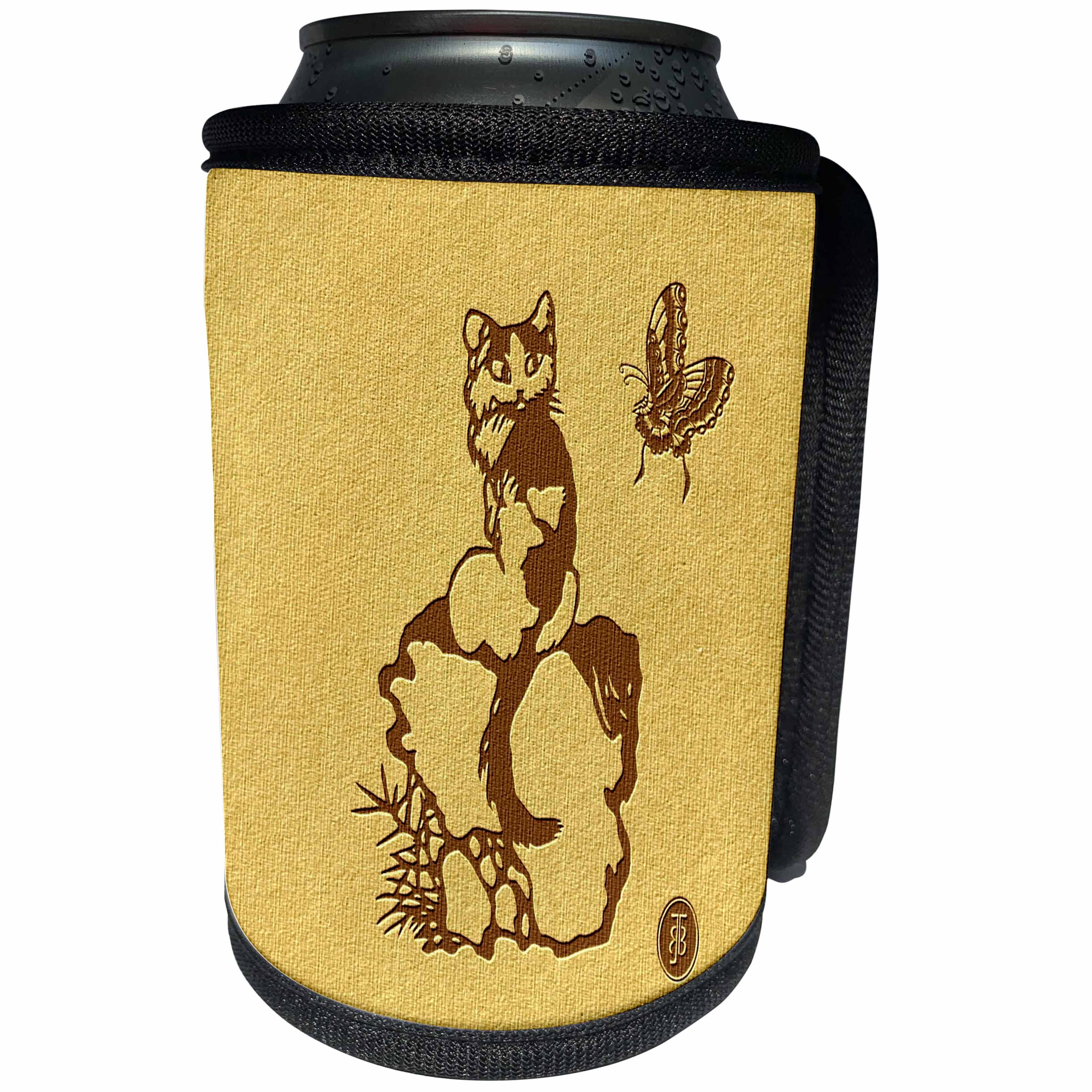 3dRose Russ Billington- Beautiful China Series - Funny Cat Sitting on Rocks Watching a Butterfly - Can Cooler Bottle Wrap (cc_238774)