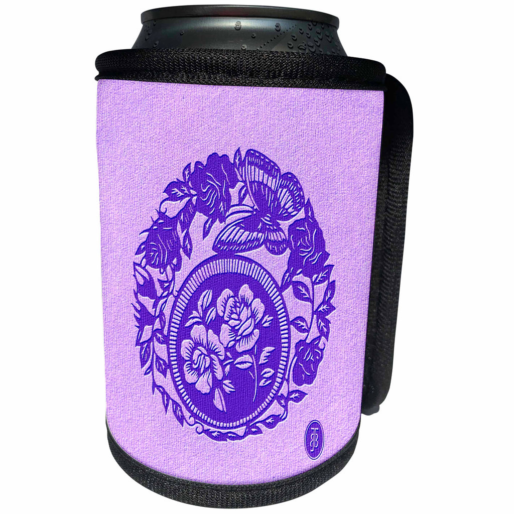 3dRose Russ Billington- Beautiful China Series - Rose Design in Violet with Butterfly - Can Cooler Bottle Wrap (cc_238778)
