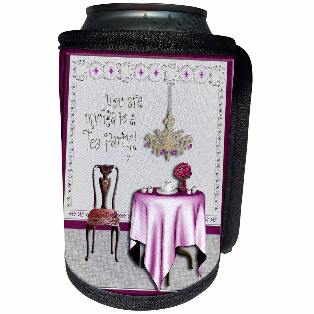 3dRose Beverly Turner Invitation Design - Tea Party Invitation Tea Party Room Pink - Can Cooler Bottle Wrap (cc_23878)