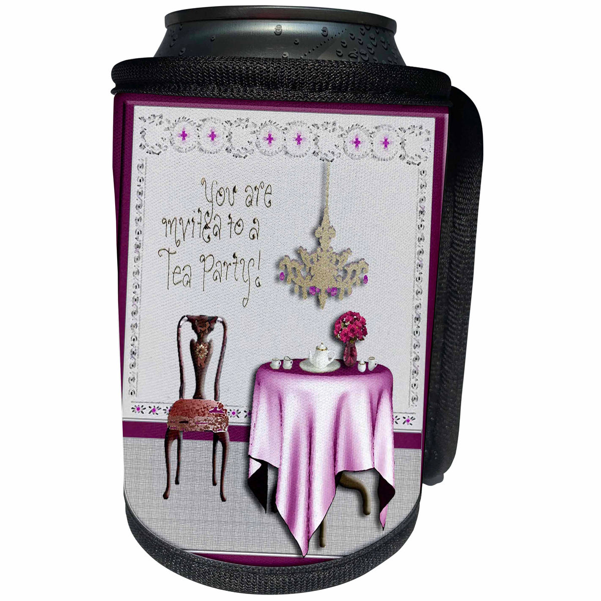 3dRose Beverly Turner Invitation Design - Tea Party Invitation Tea Party Room Pink - Can Cooler Bottle Wrap (cc_23878)
