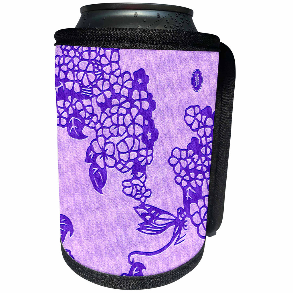3dRose Russ Billington- Beautiful China Series - Flower Blossoms with Dragonfly Design in Violet - Can Cooler Bottle Wrap (cc_238783)