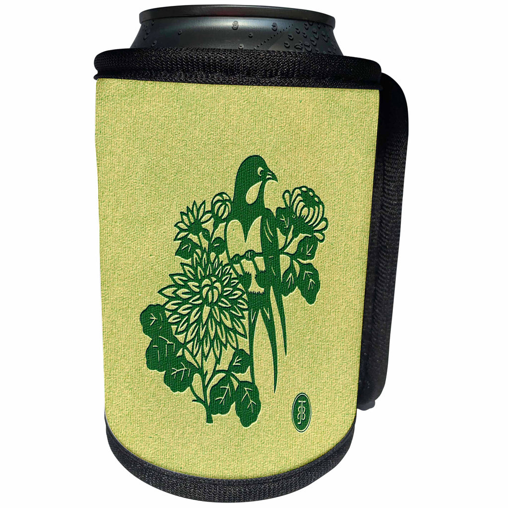 3dRose Russ Billington- Beautiful China Series - Elegant Bird with Flowers in Shades of Green - Can Cooler Bottle Wrap (cc_238786)