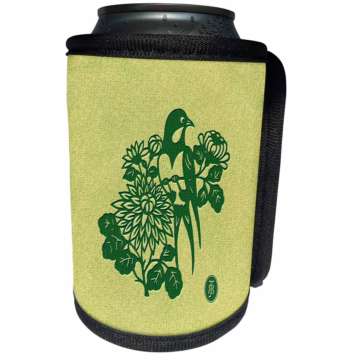 3dRose Russ Billington- Beautiful China Series - Elegant Bird with Flowers in Shades of Green - Can Cooler Bottle Wrap (cc_238786)