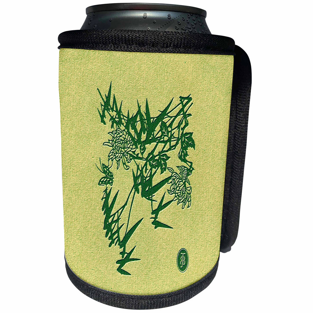 3dRose Russ Billington- Beautiful China Series - Bamboo Leaves and Flowers in Green - Can Cooler Bottle Wrap (cc_238787)