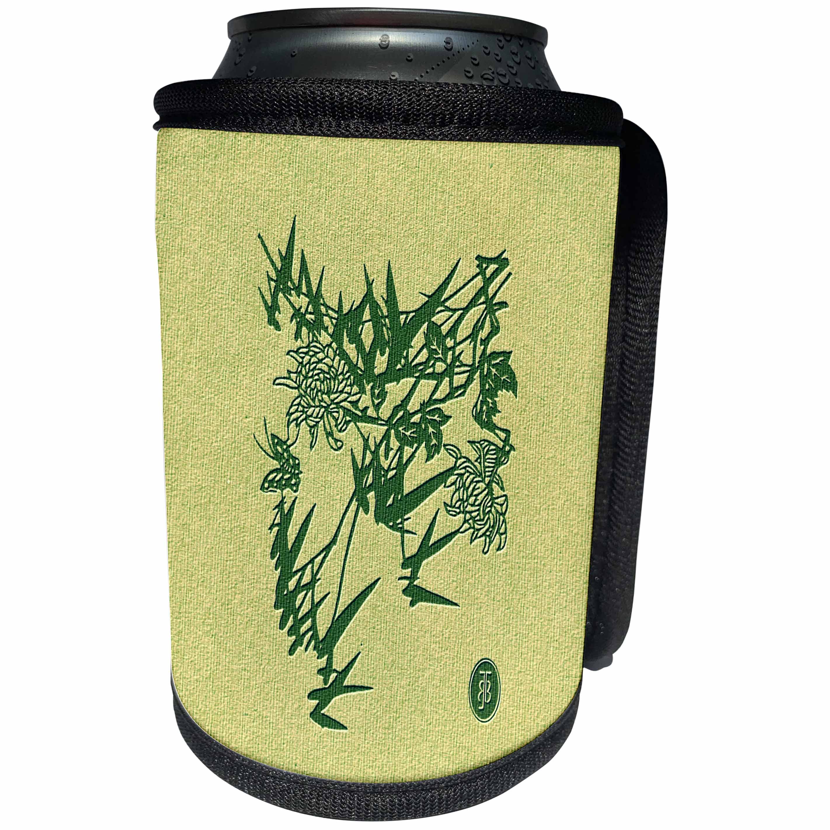 3dRose Russ Billington- Beautiful China Series - Bamboo Leaves and Flowers in Green - Can Cooler Bottle Wrap (cc_238787)
