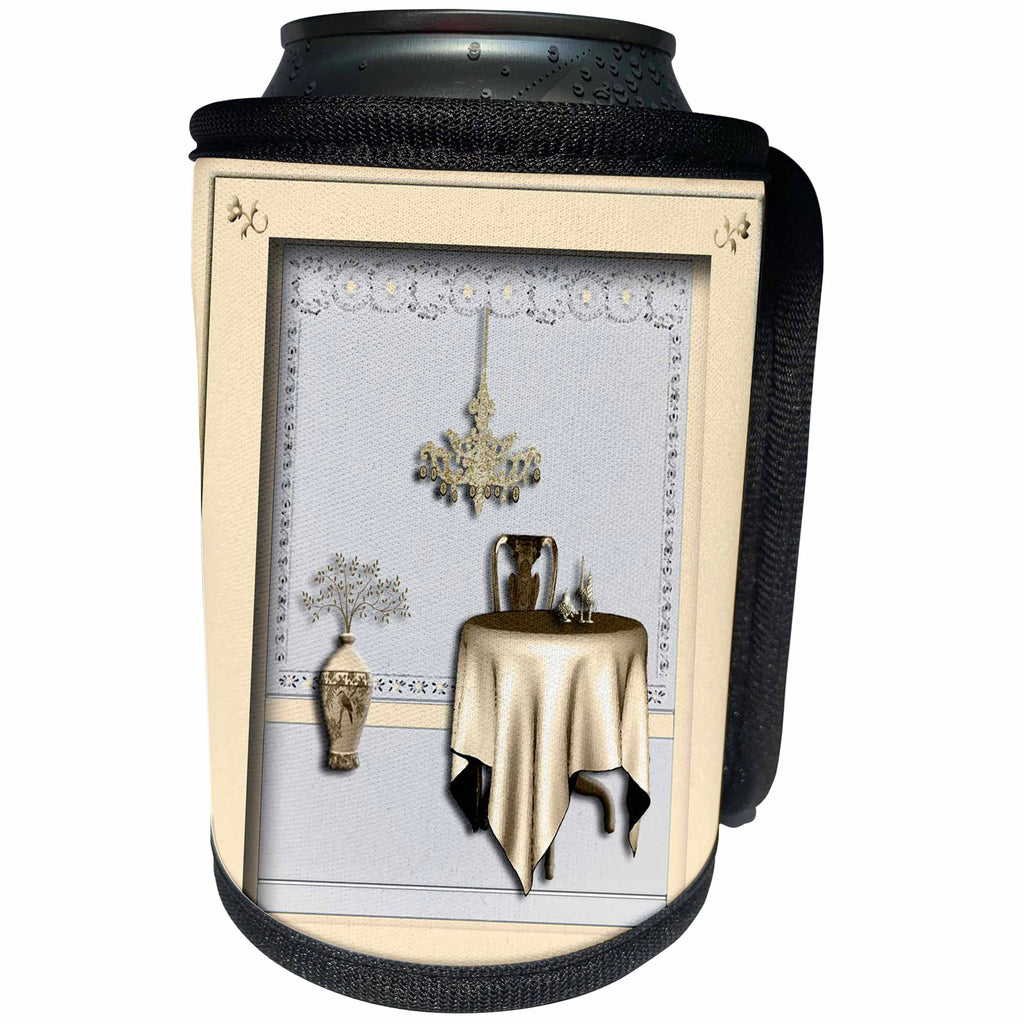 3dRose Beverly Turner Design - Room with Table and Chair Pale Yellow and Gold - Can Cooler Bottle Wrap (cc_23879)