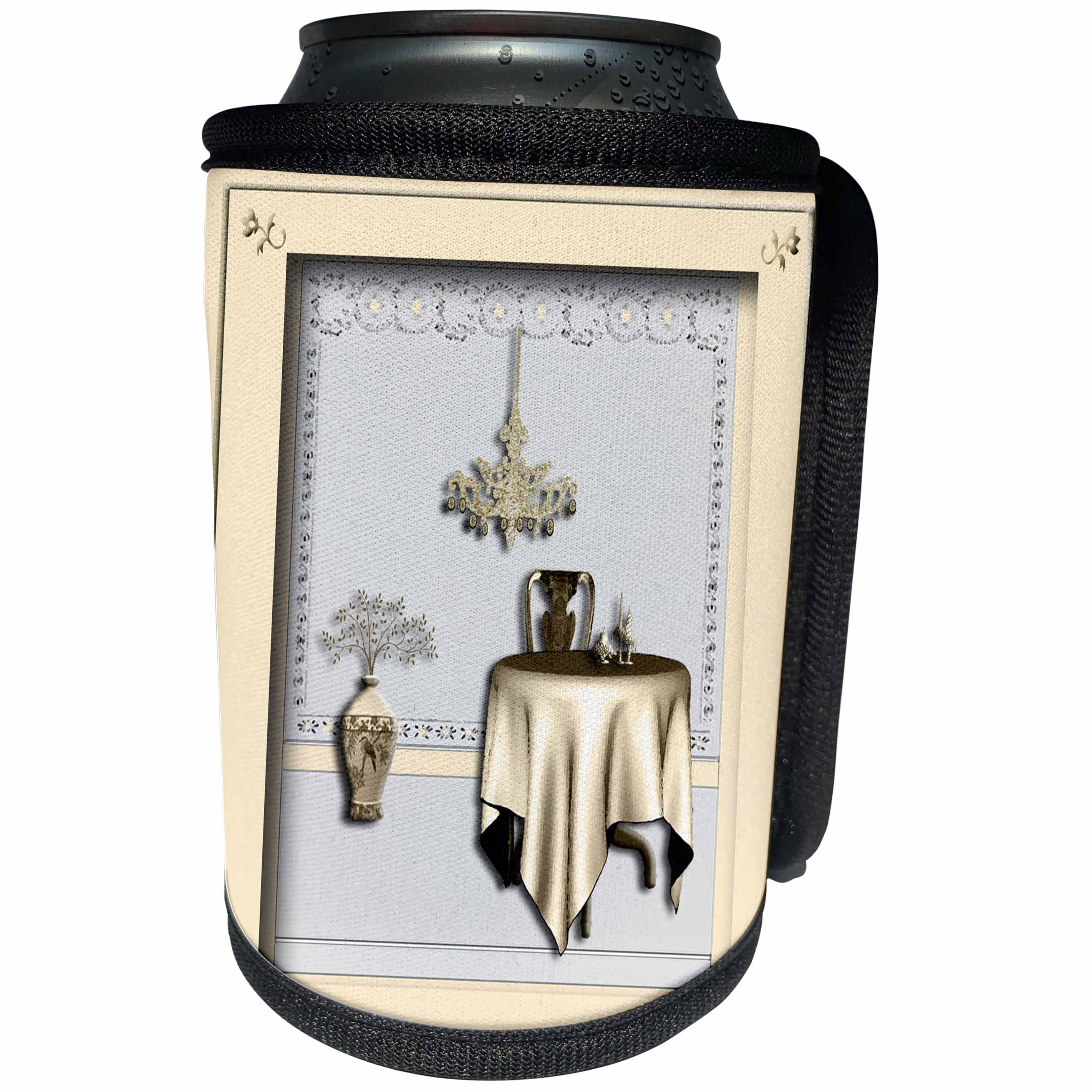 3dRose Beverly Turner Design - Room with Table and Chair Pale Yellow and Gold - Can Cooler Bottle Wrap (cc_23879)