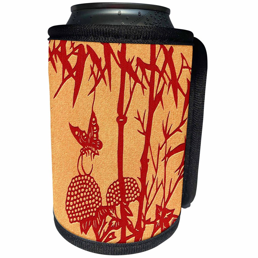 3dRose Russ Billington- Beautiful China Series - Stylish Butterfly on Bamboo Design in Red - Can Cooler Bottle Wrap (cc_238797)