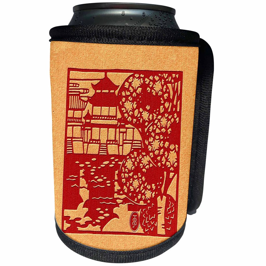 3dRose Russ Billington- Beautiful China Series - Pagoda, Trees and Water Design in Red - Can Cooler Bottle Wrap (cc_238799)