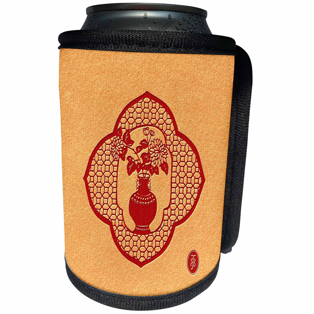3dRose Russ Billington- Beautiful China Series - Chinese Vase and Flowers in Quatrefoil Motif - Can Cooler Bottle Wrap (cc_238802)