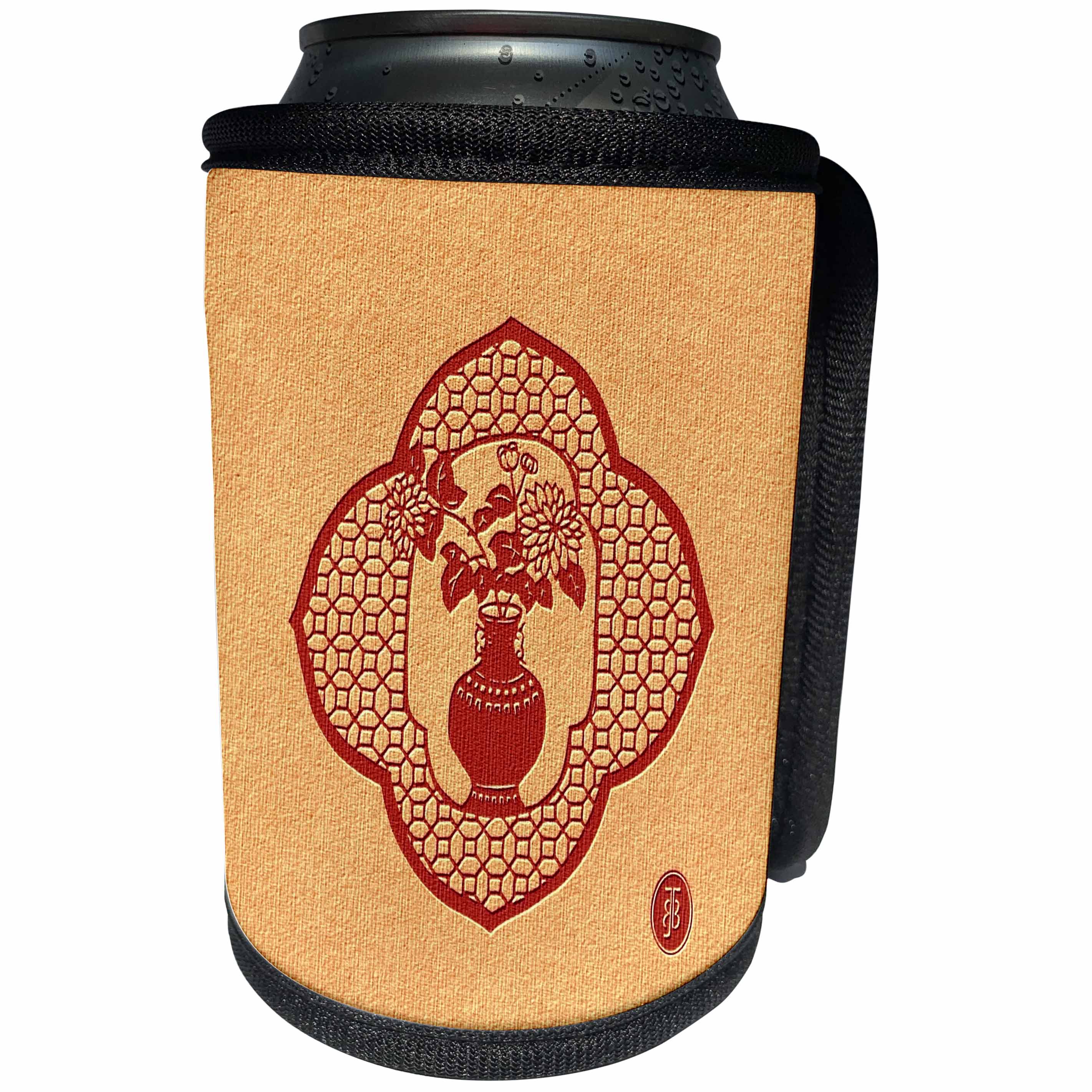 3dRose Russ Billington- Beautiful China Series - Chinese Vase and Flowers in Quatrefoil Motif - Can Cooler Bottle Wrap (cc_238802)