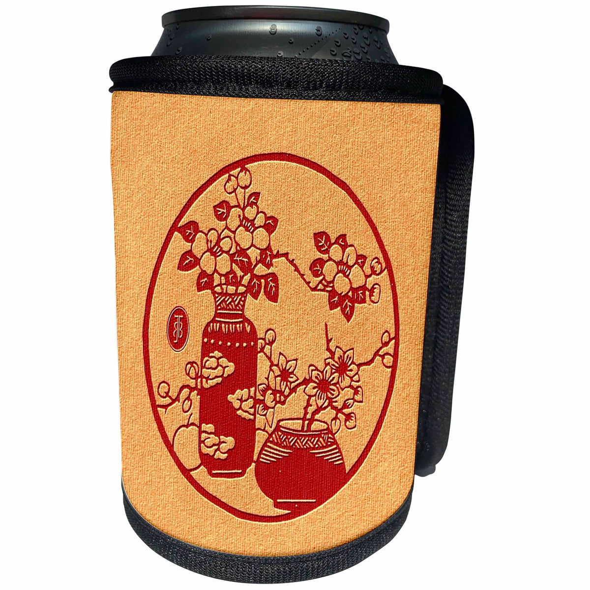 3dRose Russ Billington- Beautiful China Series - Red Chinese Design with Two Vases and Flowers - Can Cooler Bottle Wrap (cc_238804)
