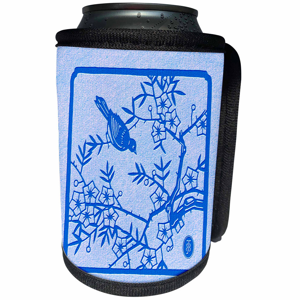 3dRose Russ Billington- Beautiful China Series - Little Bird in Tree Branches- Chinese Design in Blue - Can Cooler Bottle Wrap (cc_238813)