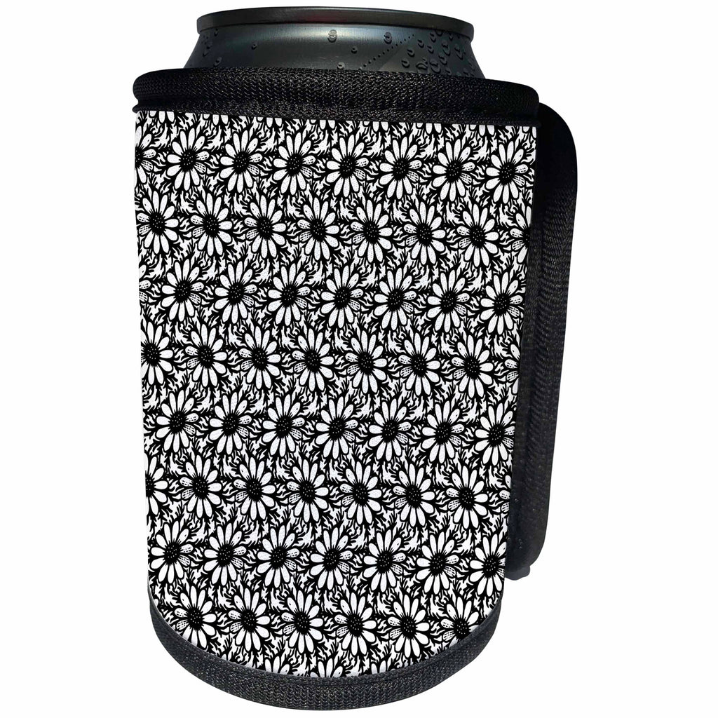 3dRose Russ Billington Patterns - Black and White Daisies - Can Cooler Bottle Wrap (cc_238824)