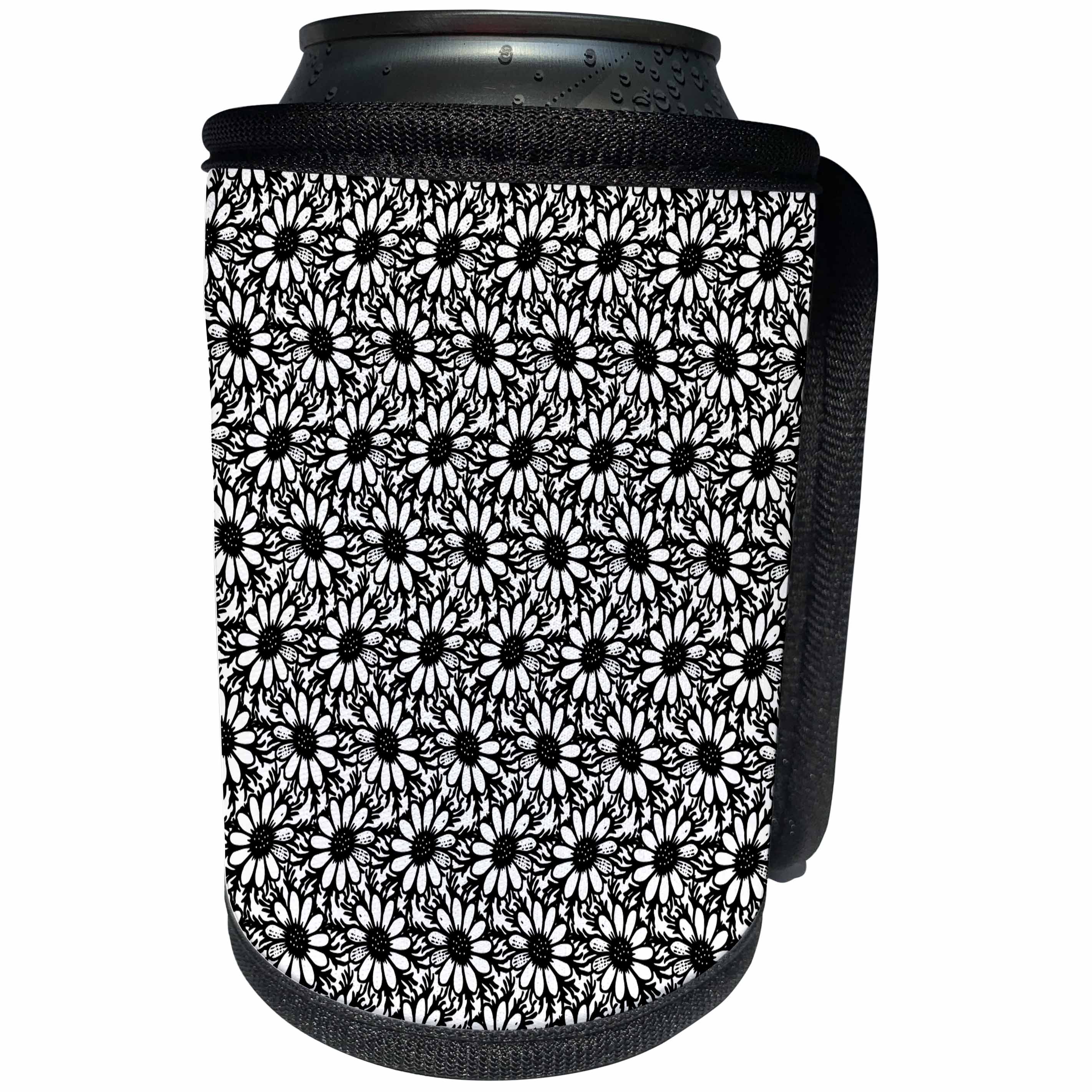 3dRose Russ Billington Patterns - Black and White Daisies - Can Cooler Bottle Wrap (cc_238824)