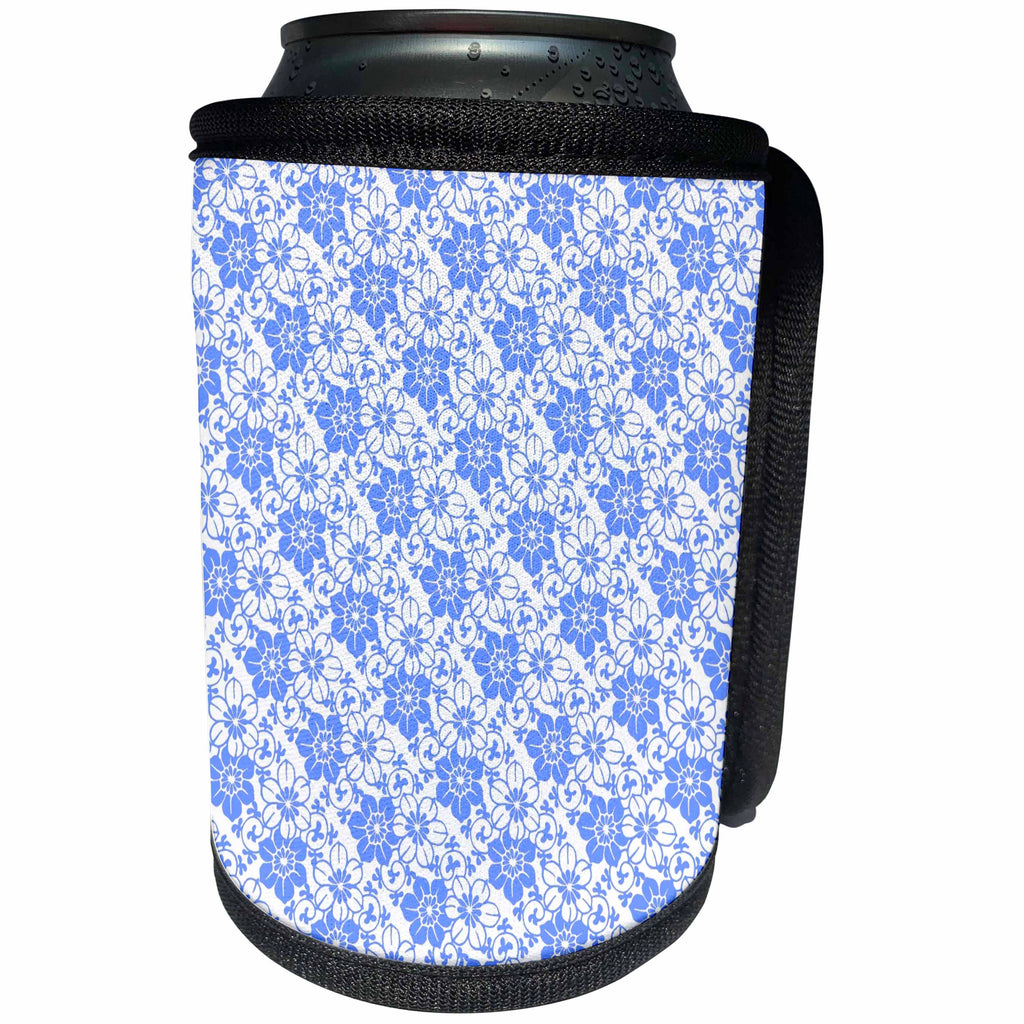 3dRose Russ Billington Patterns - Blue and White Floral Pattern - Can Cooler Bottle Wrap (cc_238827)