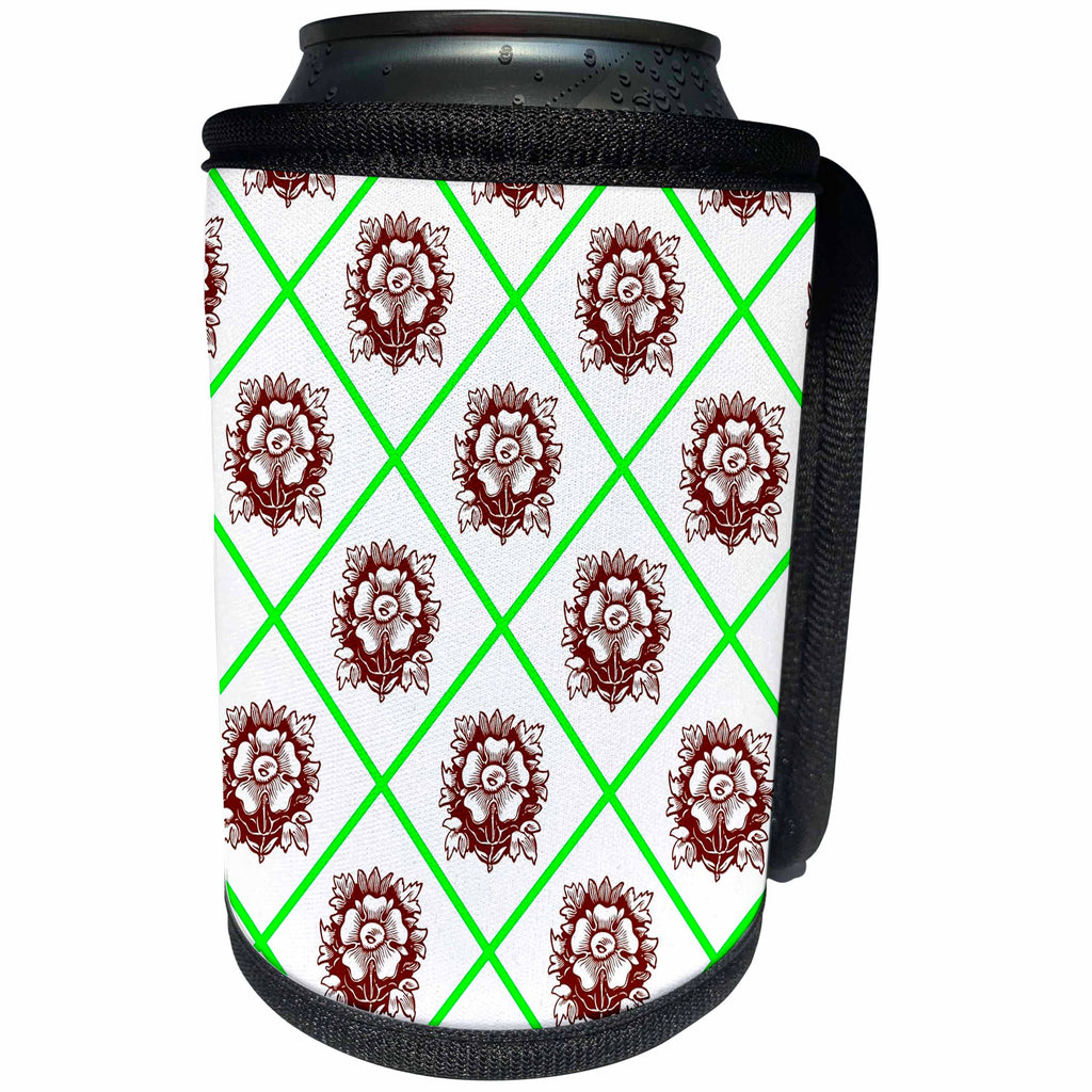 3dRose Russ Billington Patterns - Brown Tudor Rose Pattern with Green Diagonals - Can Cooler Bottle Wrap (cc_238831)