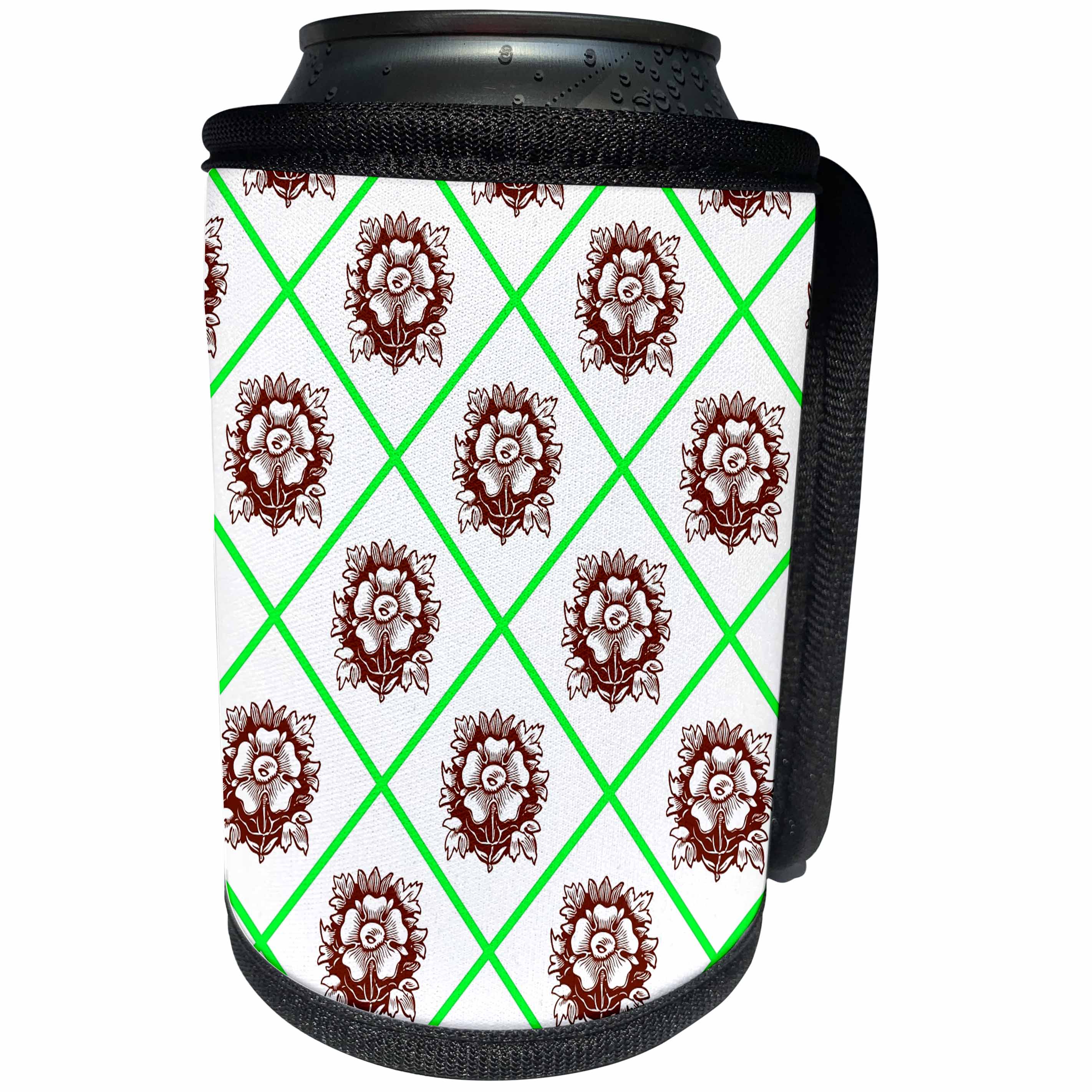 3dRose Russ Billington Patterns - Brown Tudor Rose Pattern with Green Diagonals - Can Cooler Bottle Wrap (cc_238831)
