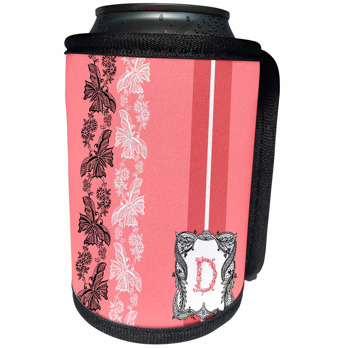 3dRose Russ Billington Monograms- Lacy Pink Initial D - Monogram Initial D in Pink White and Black - Can Cooler Bottle Wrap (cc_239029)