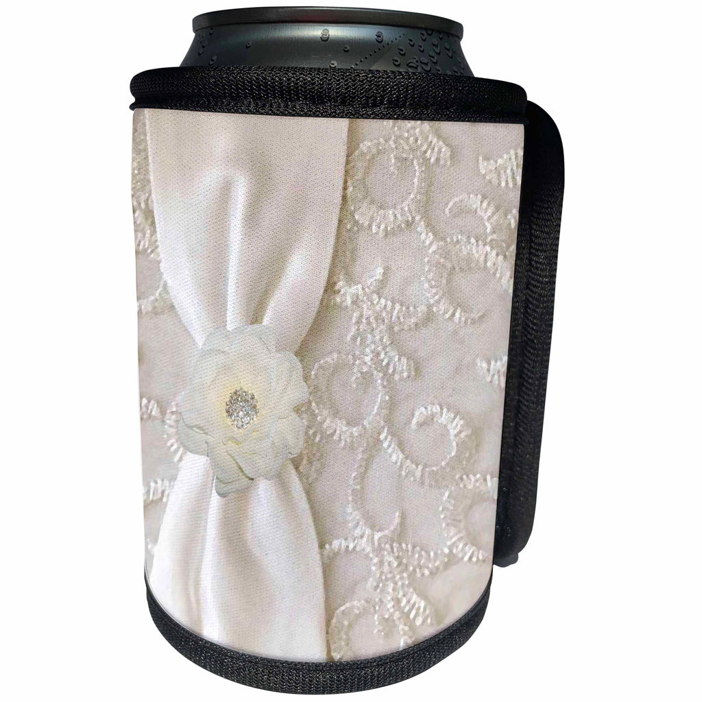 3dRose Beverly Turner Satin Ribbon Design - Cream Flower on Ribbon - Can Cooler Bottle Wrap (cc_23903)